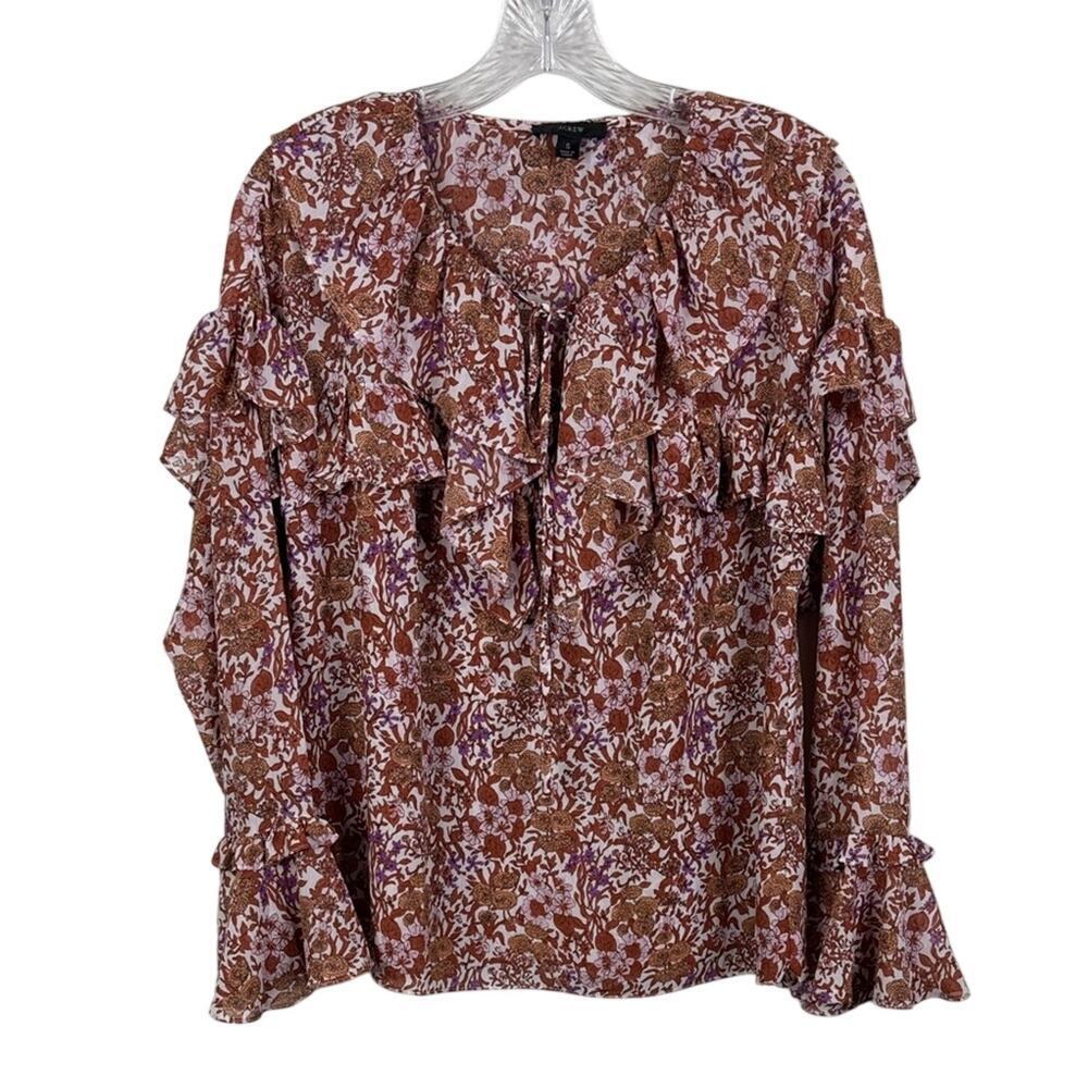 J. Crew Fête Floral Ruffle Chiffon Blouse Small Pink Red Coquette Romantic Boho